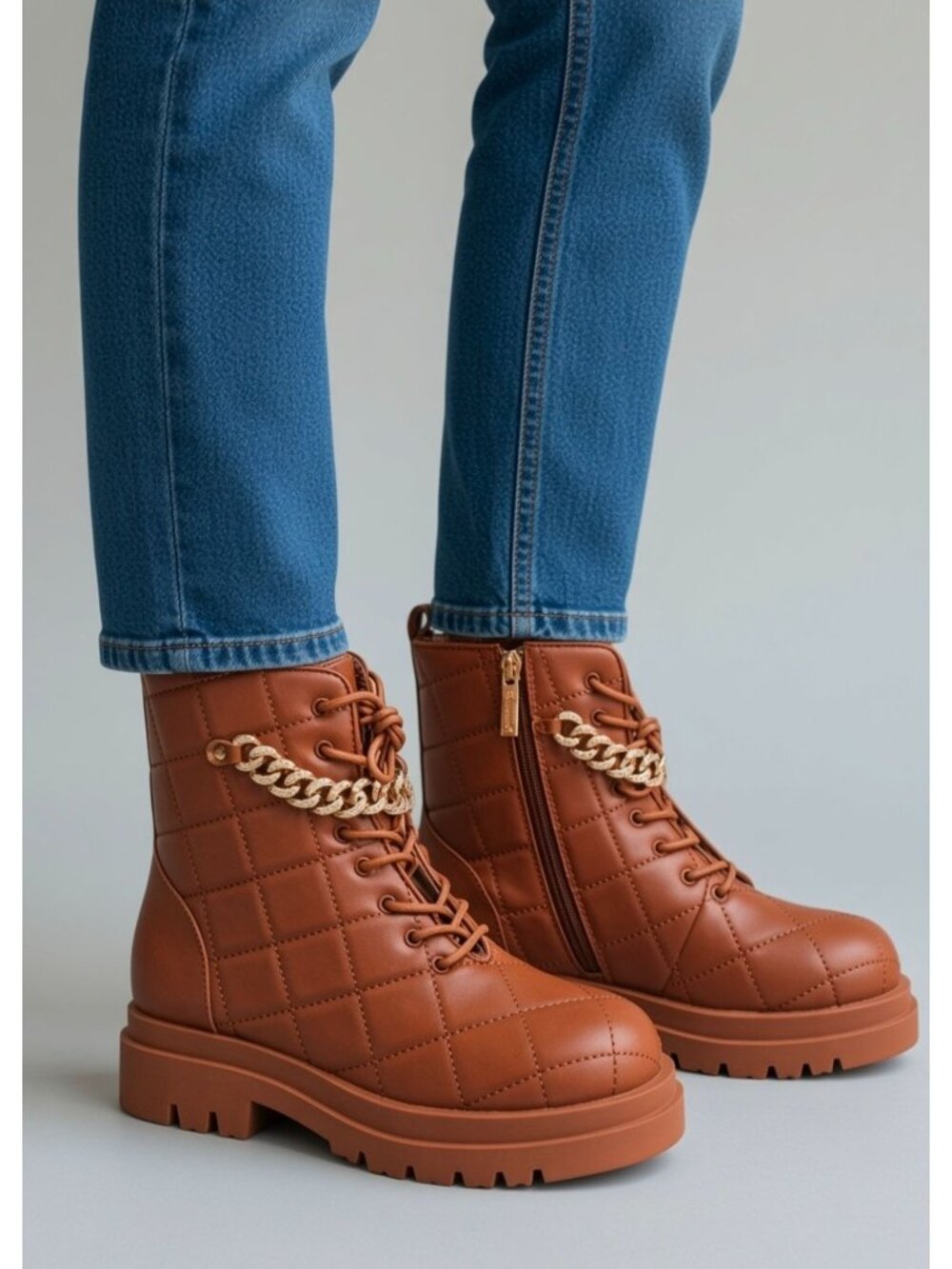 Brown Quilted Combat Boots Gold Chain Lace Up Lug Sole Ankle Booties